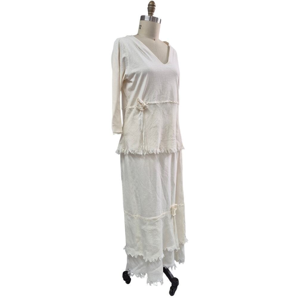 Rare VTG Christine Damen Cream Cotton Linen Maxi Skirt Set Fray/Fringe  Sz M/L
